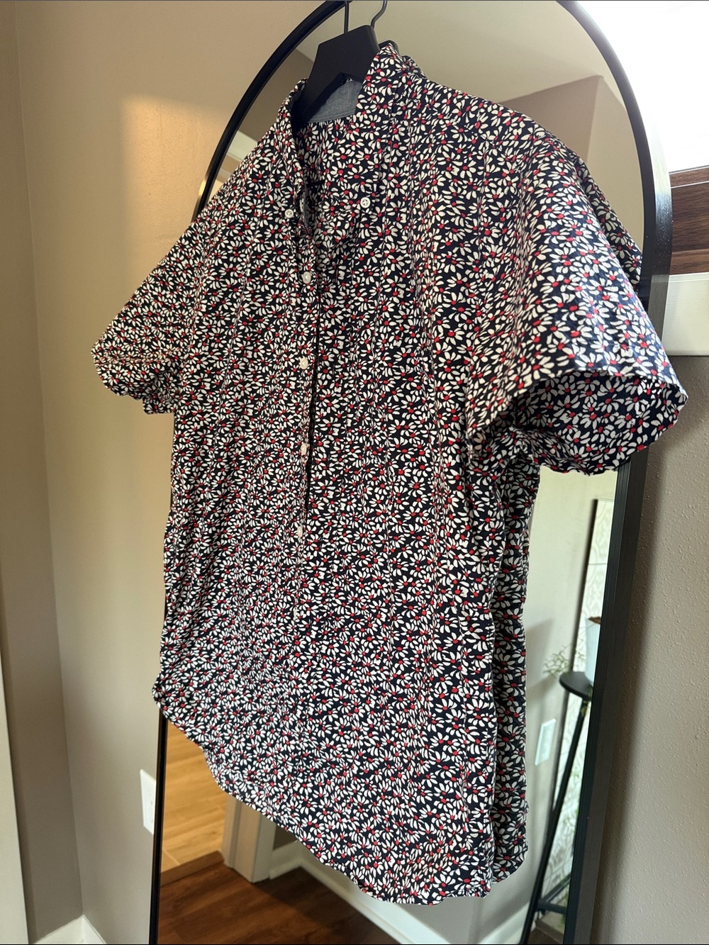 J. Crew Navy Floral Organic Cotton Short Sleeve Button-Down Shirt